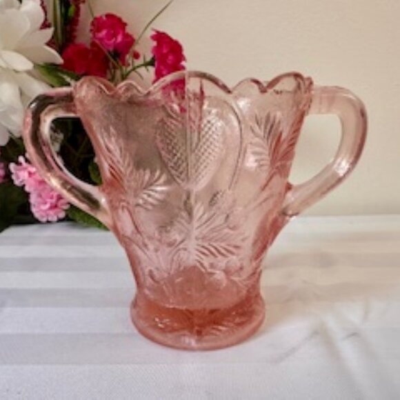 Fenton Pink Art Glass Vase Vintage Dual Handle Strawberry Pattern Scalloped Rim - Picture 1 of 7